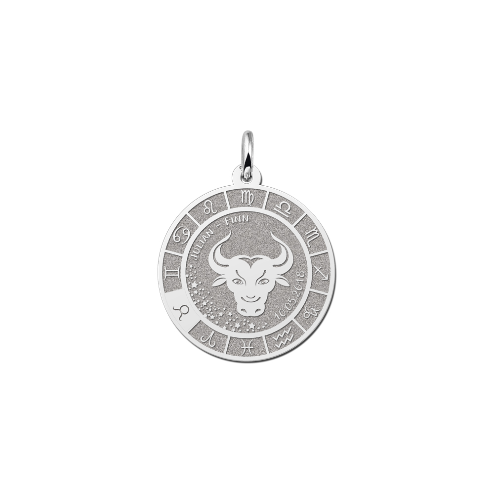 Silver Round Zodiac Pendant Taurus with Name Engraving