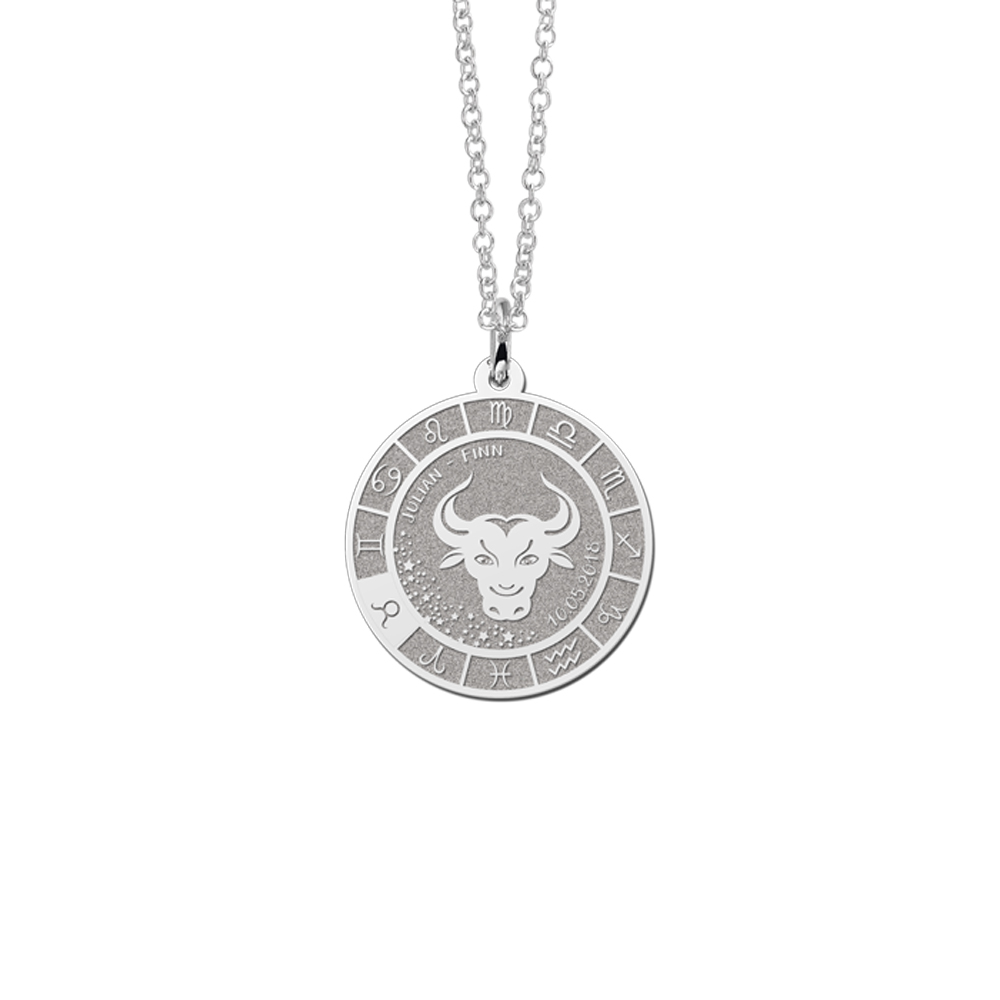 Silver Round Zodiac Pendant Taurus with Name Engraving
