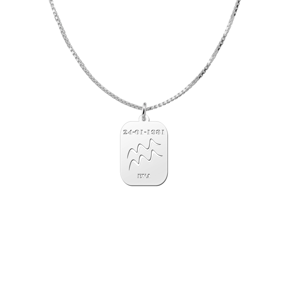 Silver zodiac rectangular namependant Aquarius