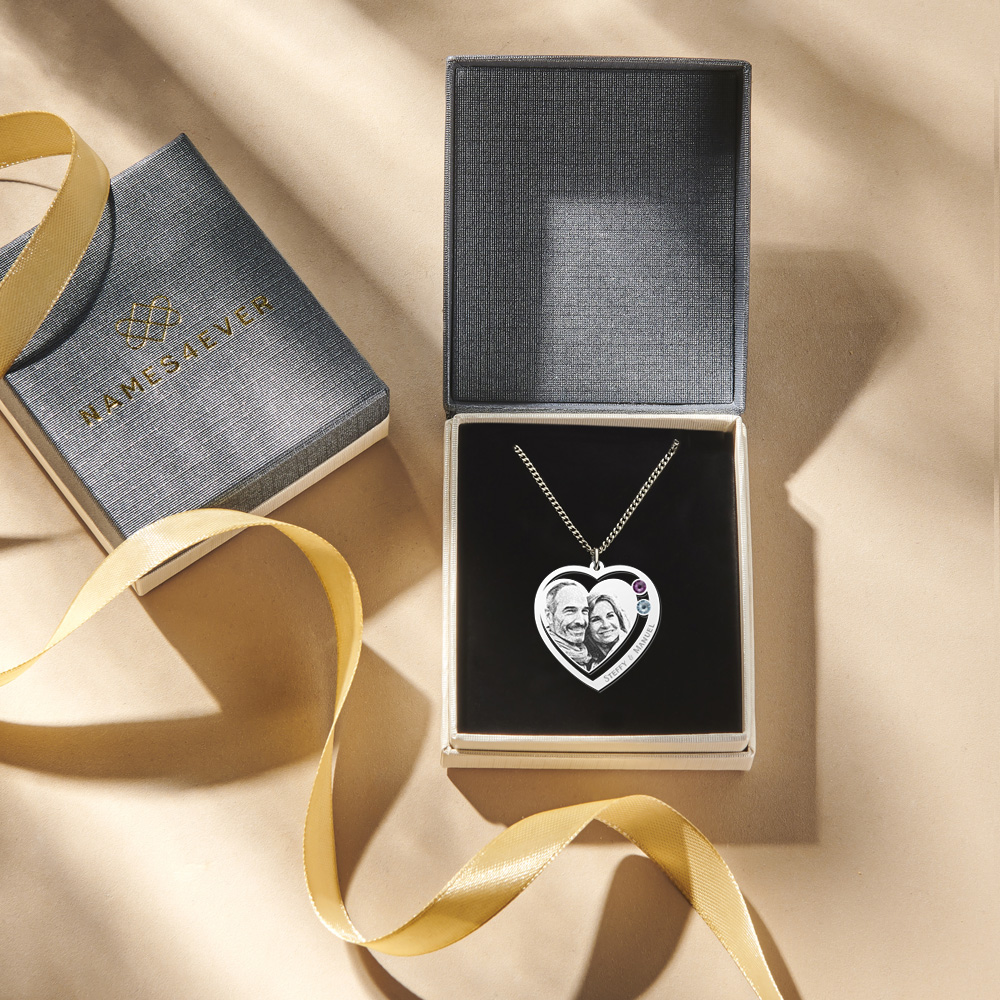 Photo jewellery with heart and two birthstones silver