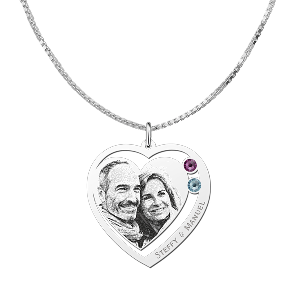 Photo jewellery with heart and two birthstones silver