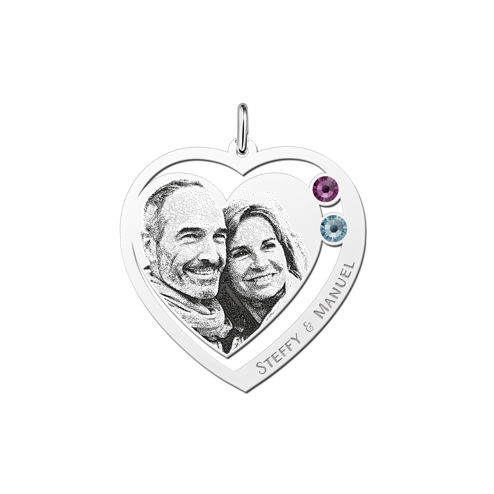 Photo jewellery with heart and two birthstones silver