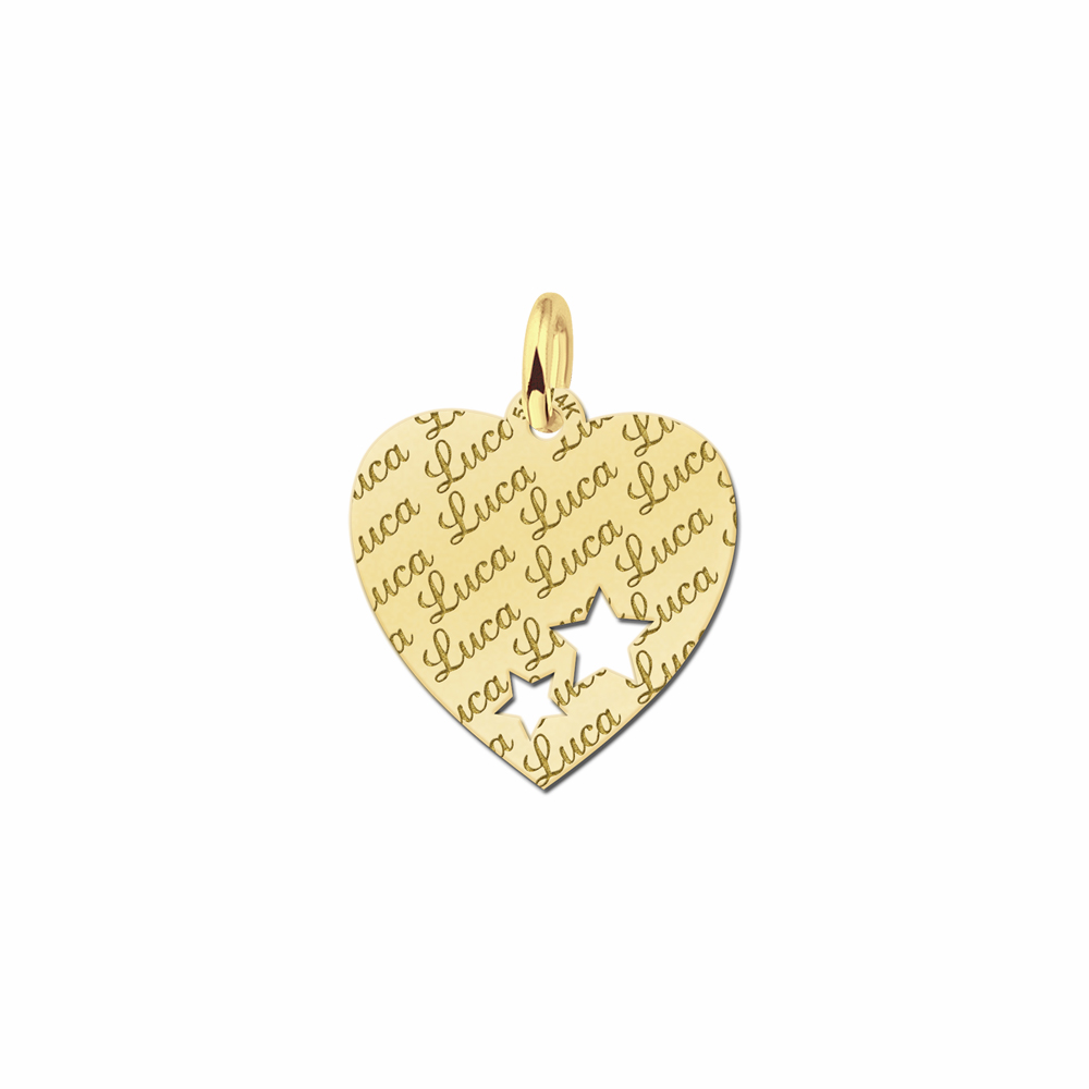 Repeatedly Engraved Gold Heart Nametag with Stars