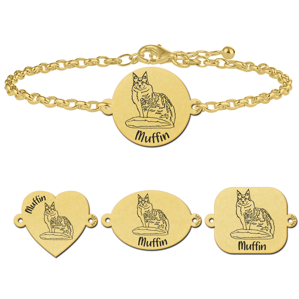 Gold cat bracelet with name Maine Coon