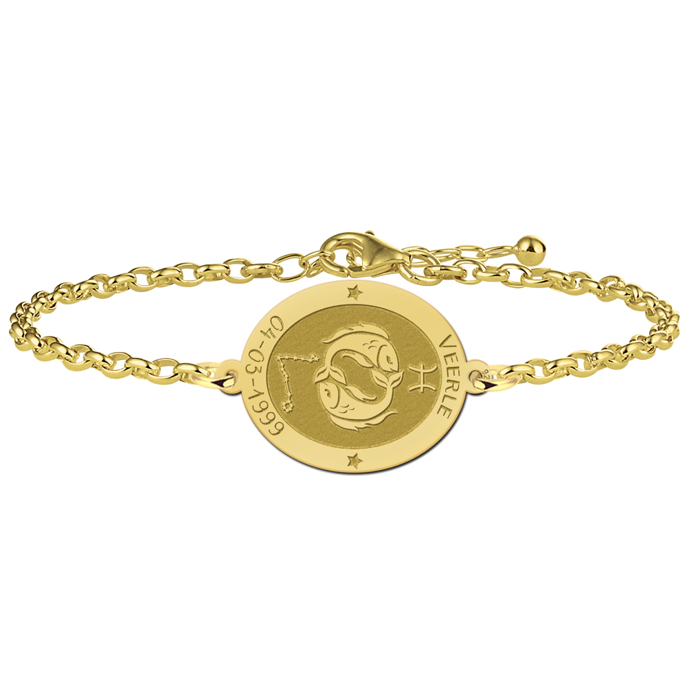 Gold Plated Oval Pisces Zodiac Bracelet with Name and Date