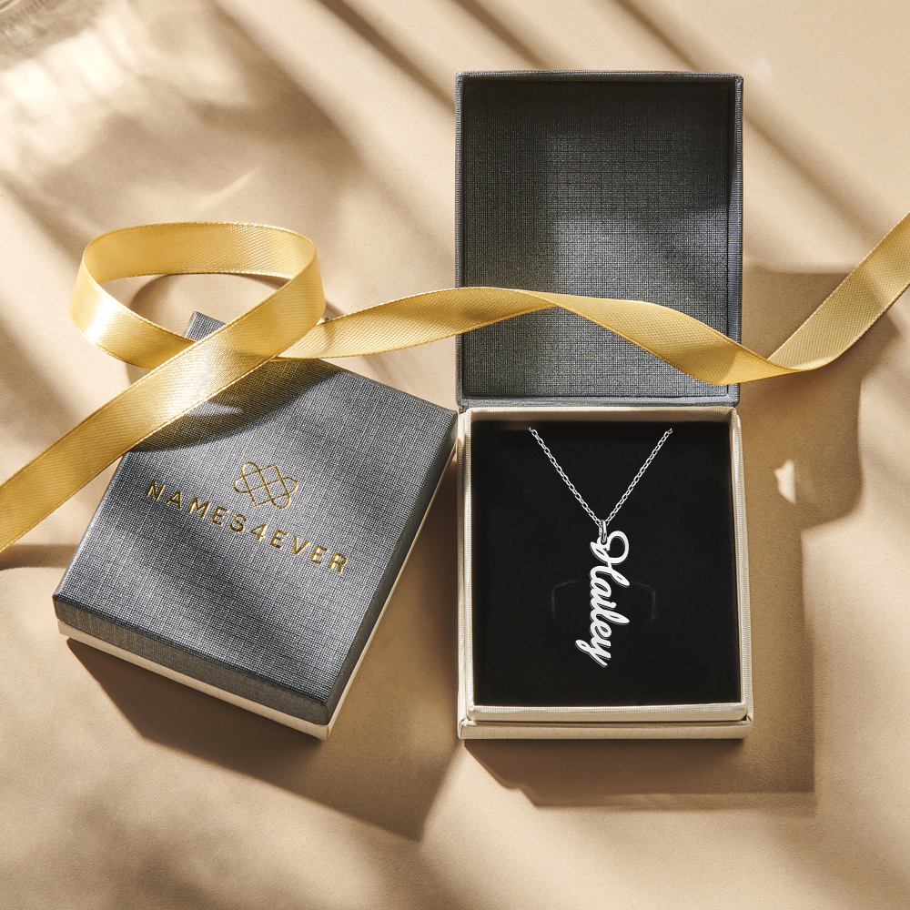 Silver vertical name necklace Hayley in elegant script