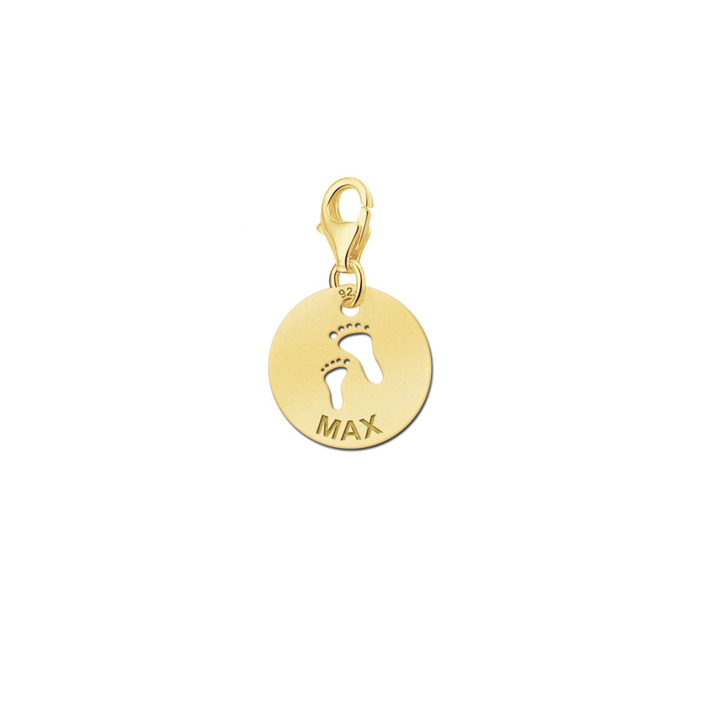Gold plated baby charm with footprints and name