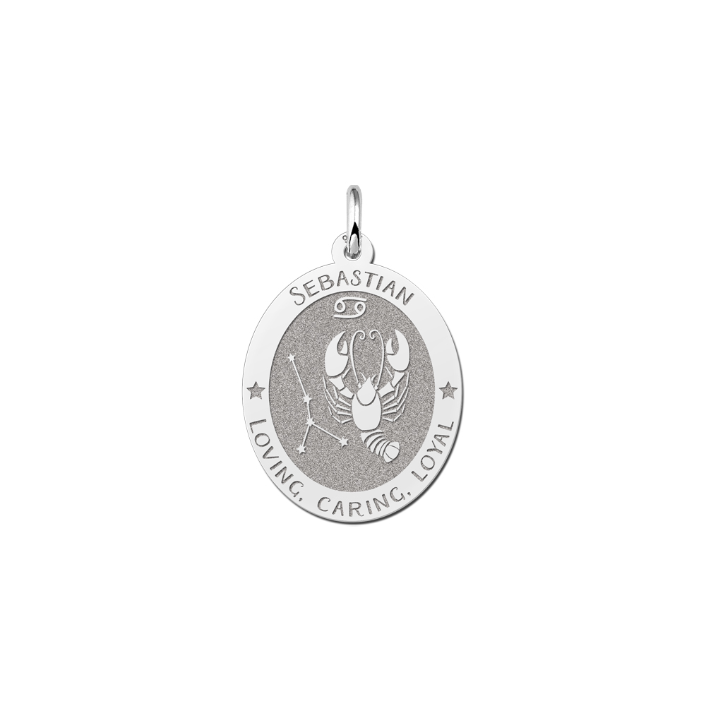 Silver Oval Zodiac Pendant Cancer with Name Engraving