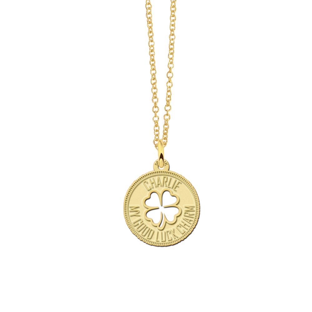 Gold coin necklace with cloverleaf and engraving