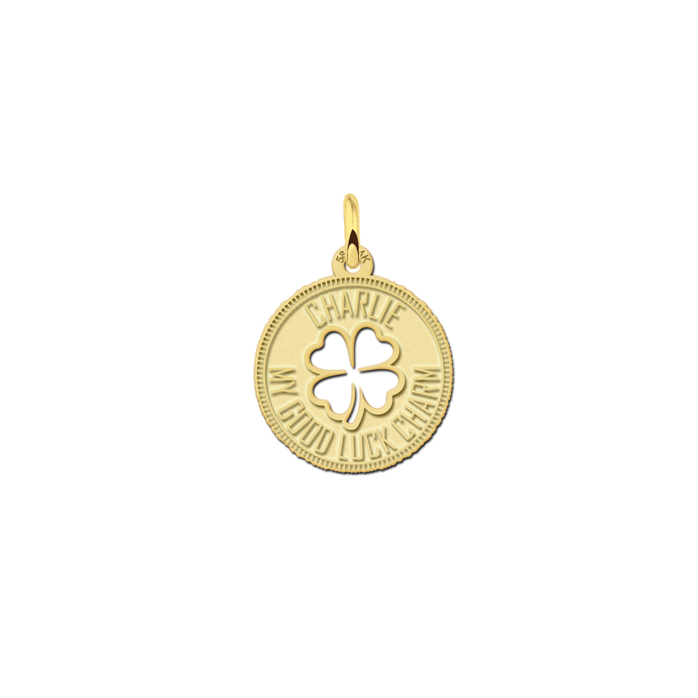 Gold coin necklace with cloverleaf and engraving