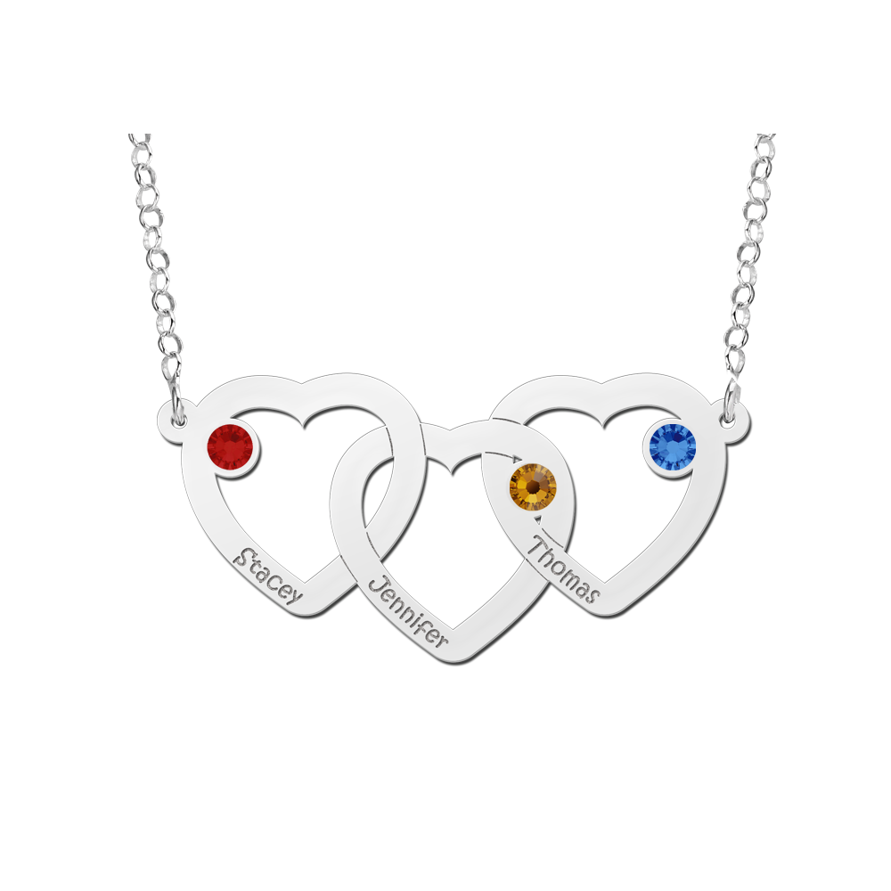 Silver birthstone necklace three hearts