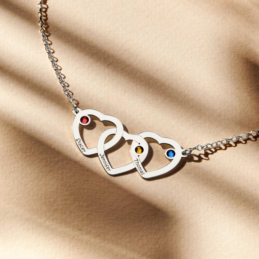 Silver birthstone necklace three hearts