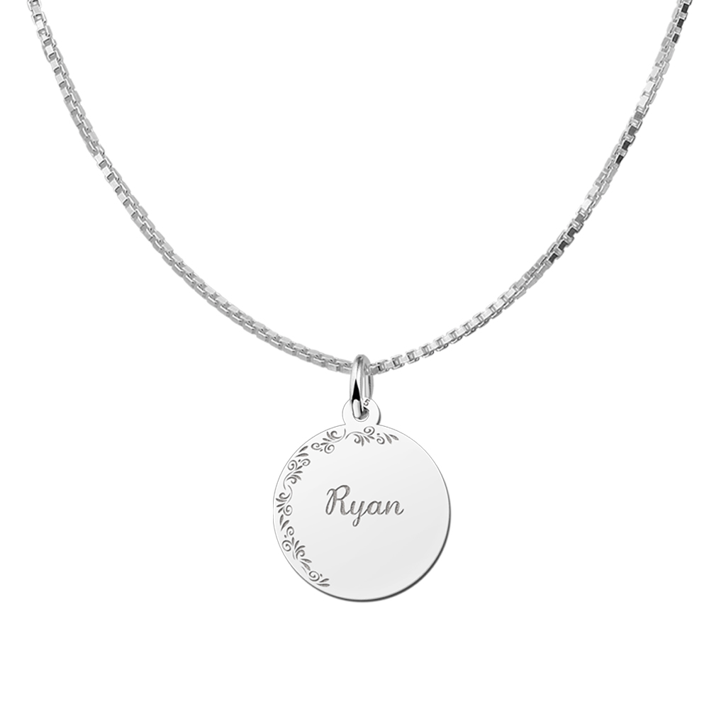 Silver Disc Necklace with Name and Flowers