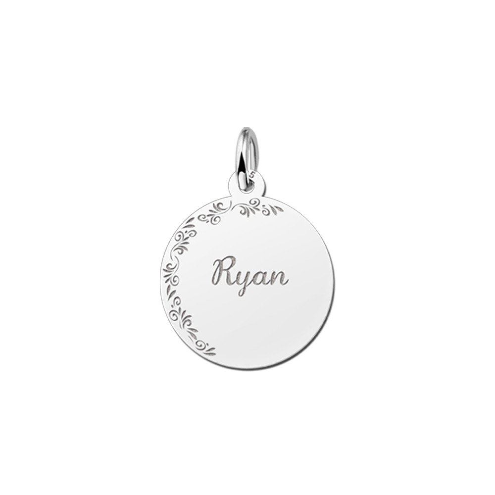 Silver Disc Necklace with Name and Flowers