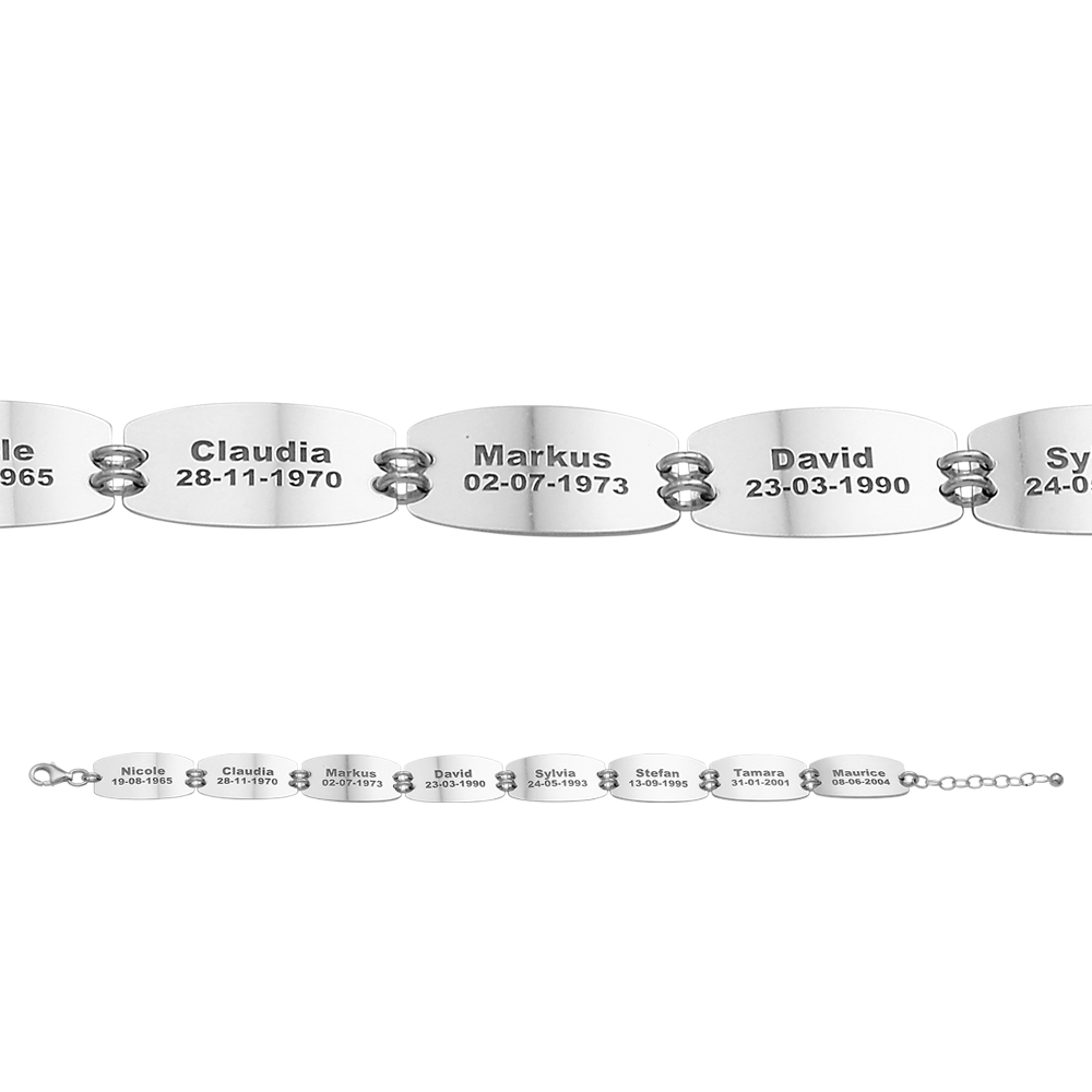 Silver name bracelet 8 names and birthdates