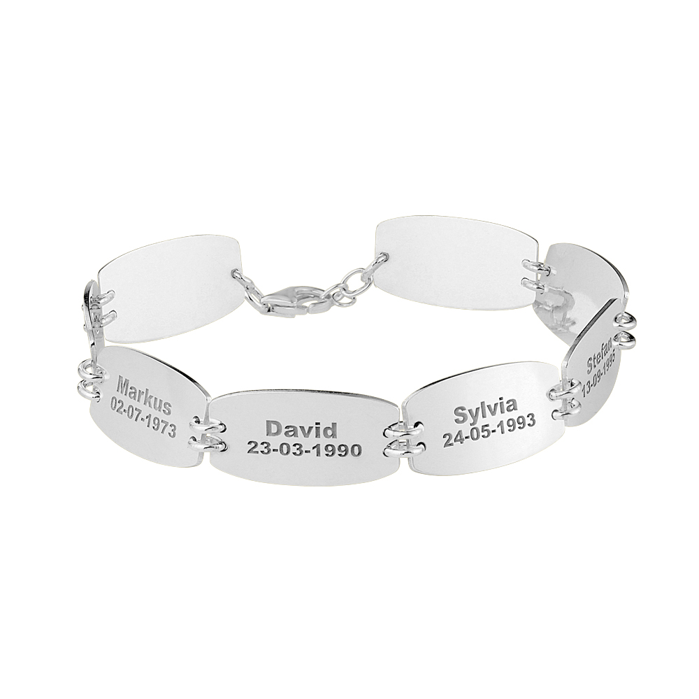 Silver name bracelet 8 names and birthdates