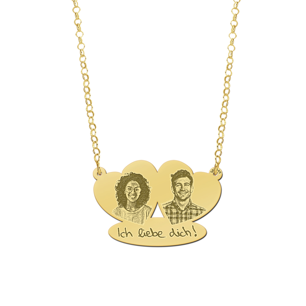 Gold double heart pendant with two photos and own handwriting