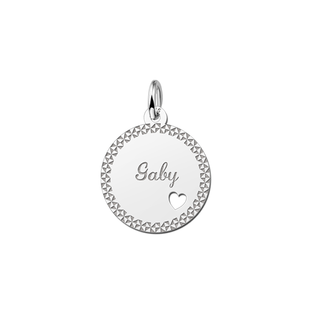 Silver Disc Necklace with Name, Border and Small Heart
