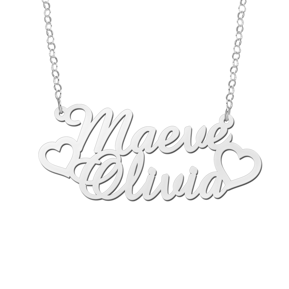 Silver double name necklace Maeve and Olivia with hearts