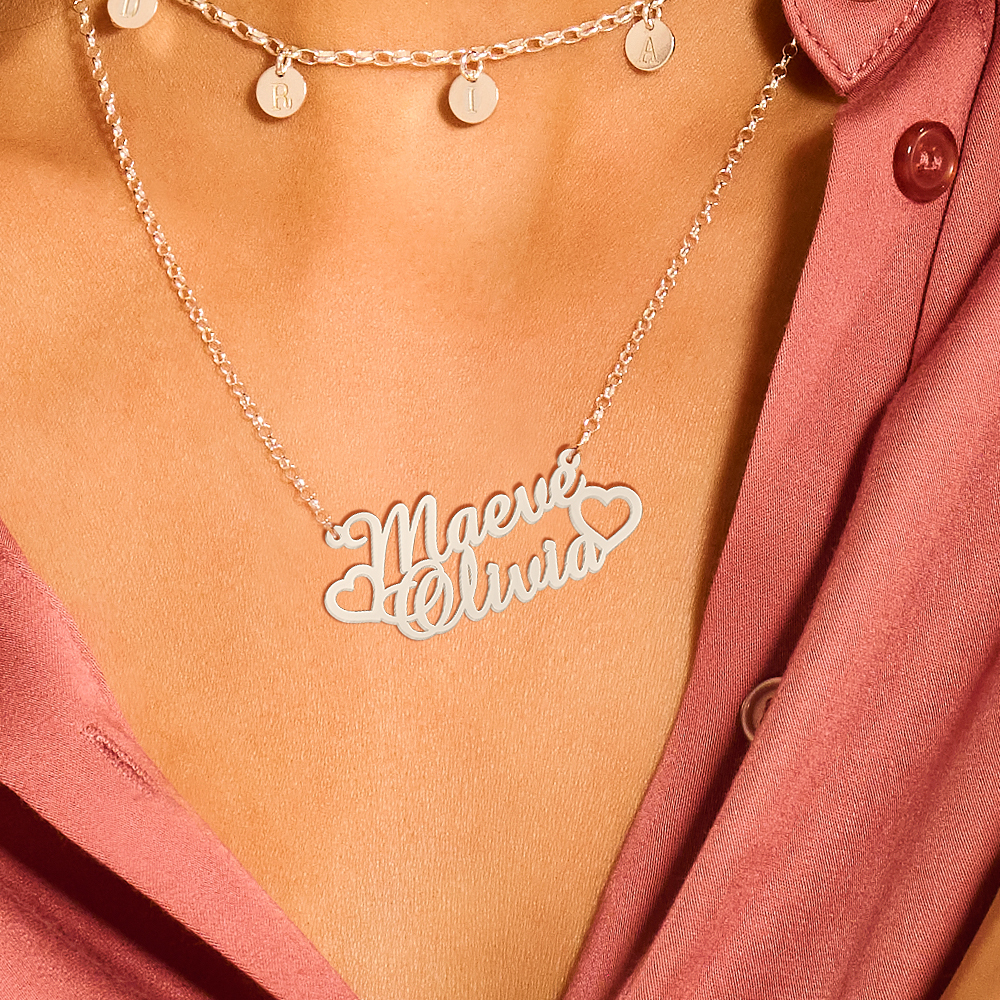 Silver double name necklace Maeve and Olivia with hearts