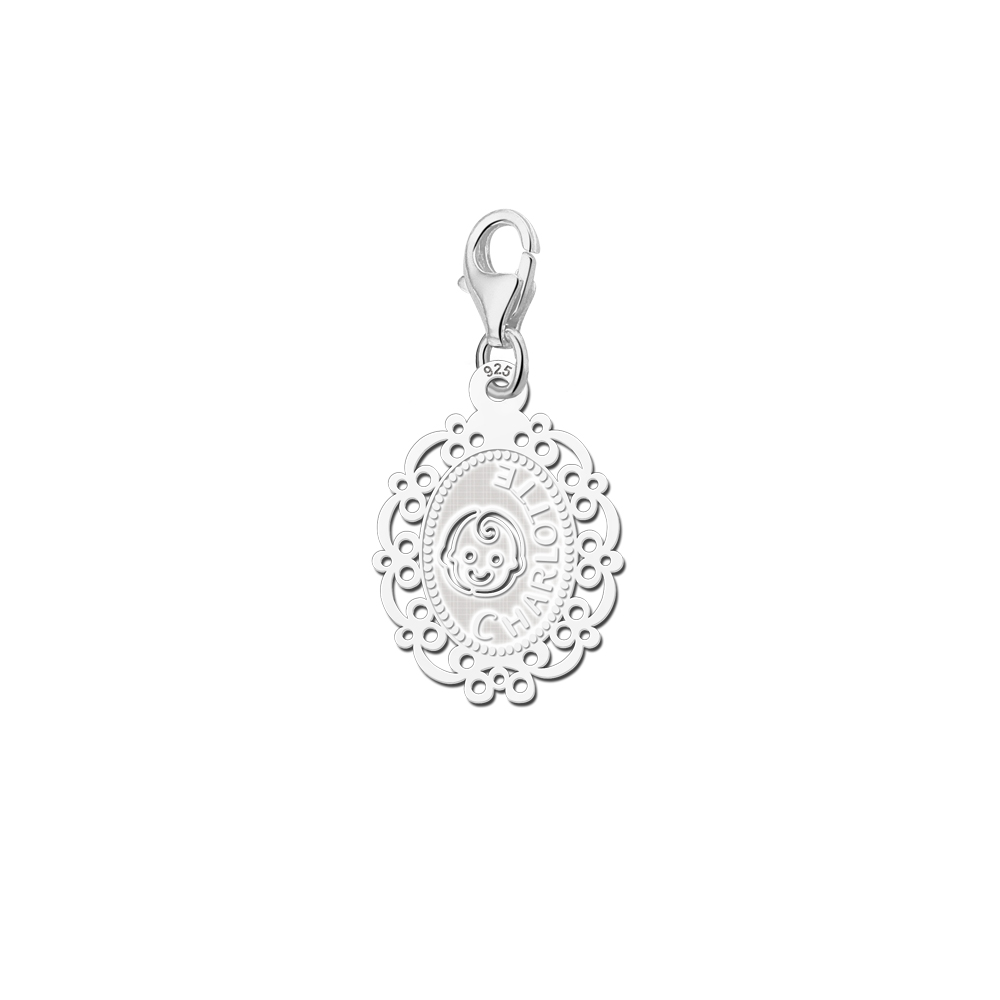 Silver cameo baby charm babyhead with name