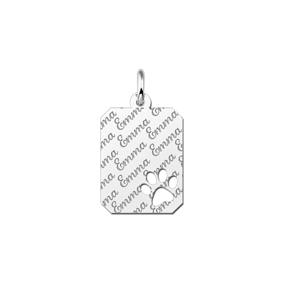 Silver Personalised Dog Tag with Repeatedly Engraved Name and Dog Paw