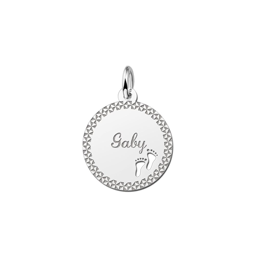 Silver Disc Necklace with Name, Border and Baby Feet