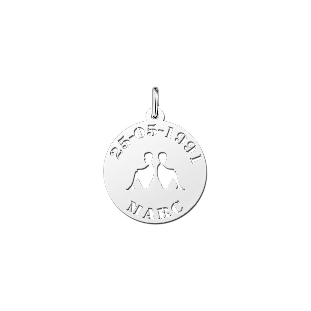 Silver zodiac round namependant Gemini