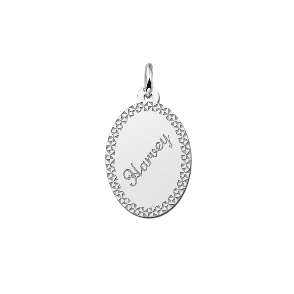 Silver Oval Necklace with Name and Border