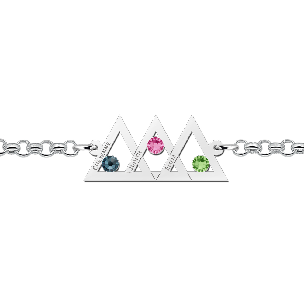 Mother daughter bracelet silver three triangles and birthstone silver