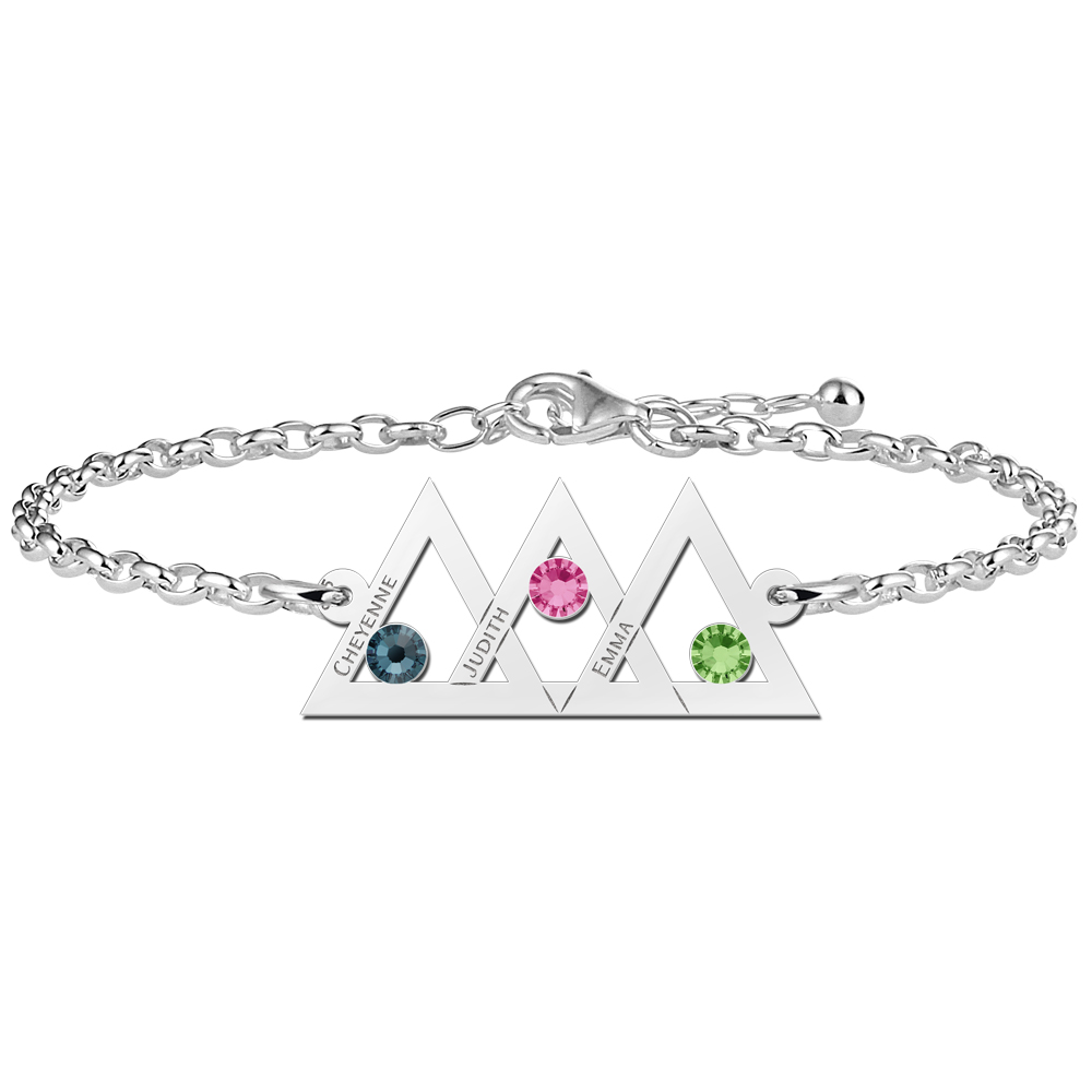 Mother daughter bracelet silver three triangles and birthstone silver