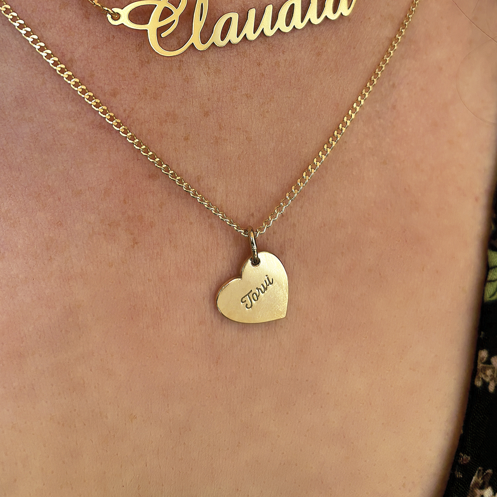 Gold minimalist heart pendant with names