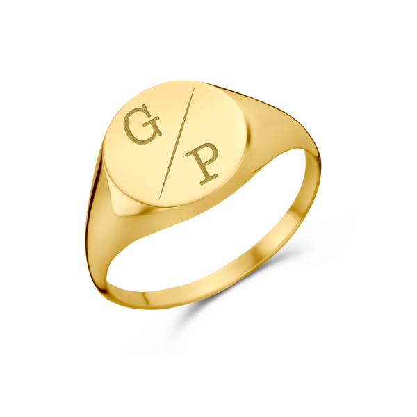 Round gold signet ring with two initial