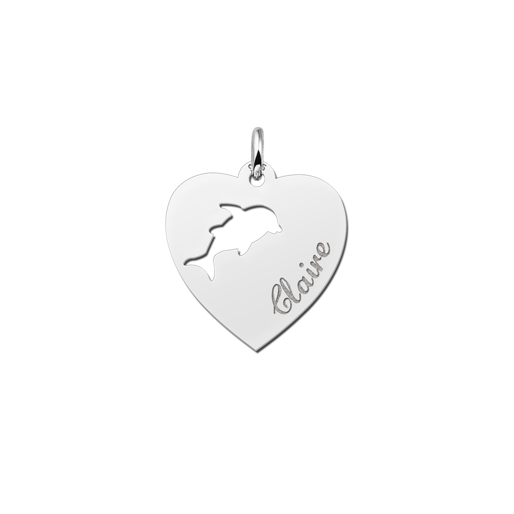 Silver heart pendant with dolphin and name