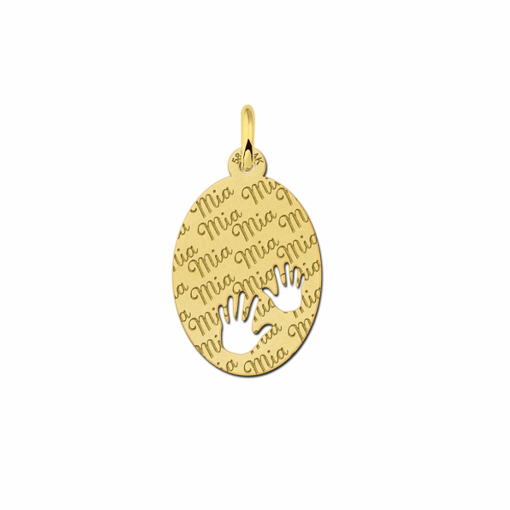 Repeatedly Engraved Golden Oval Pendant with Hands