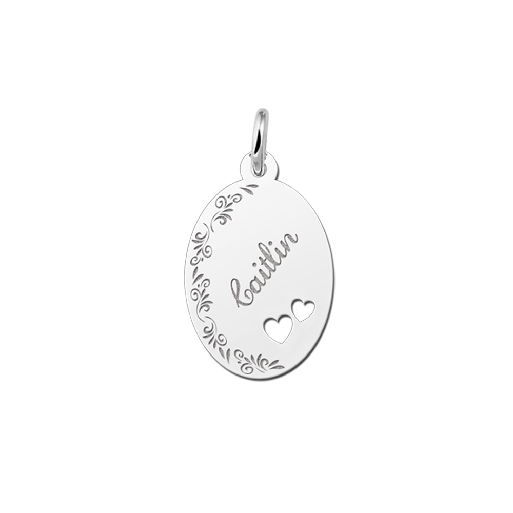 Sterling Silver Oval Necklace with Name, Flowerborder and Two Hearts
