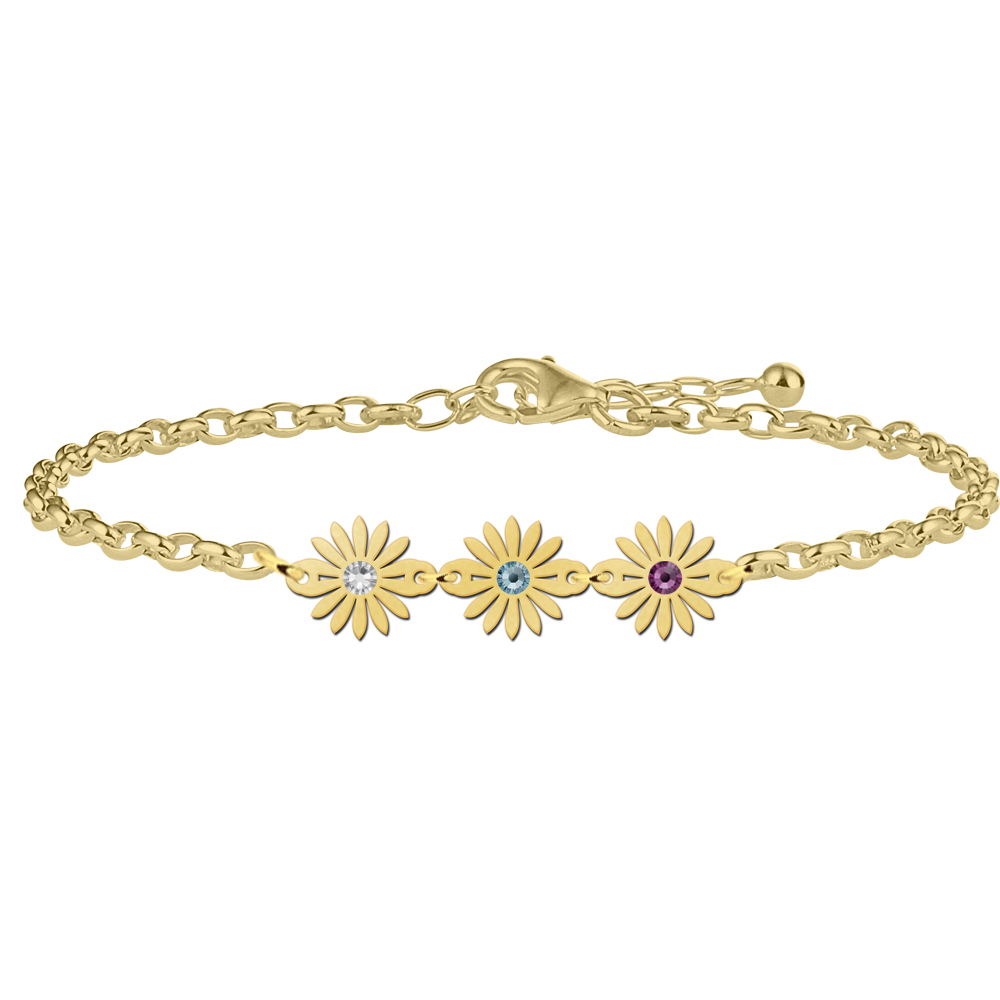 Gold bracelet three daisies with birthstones