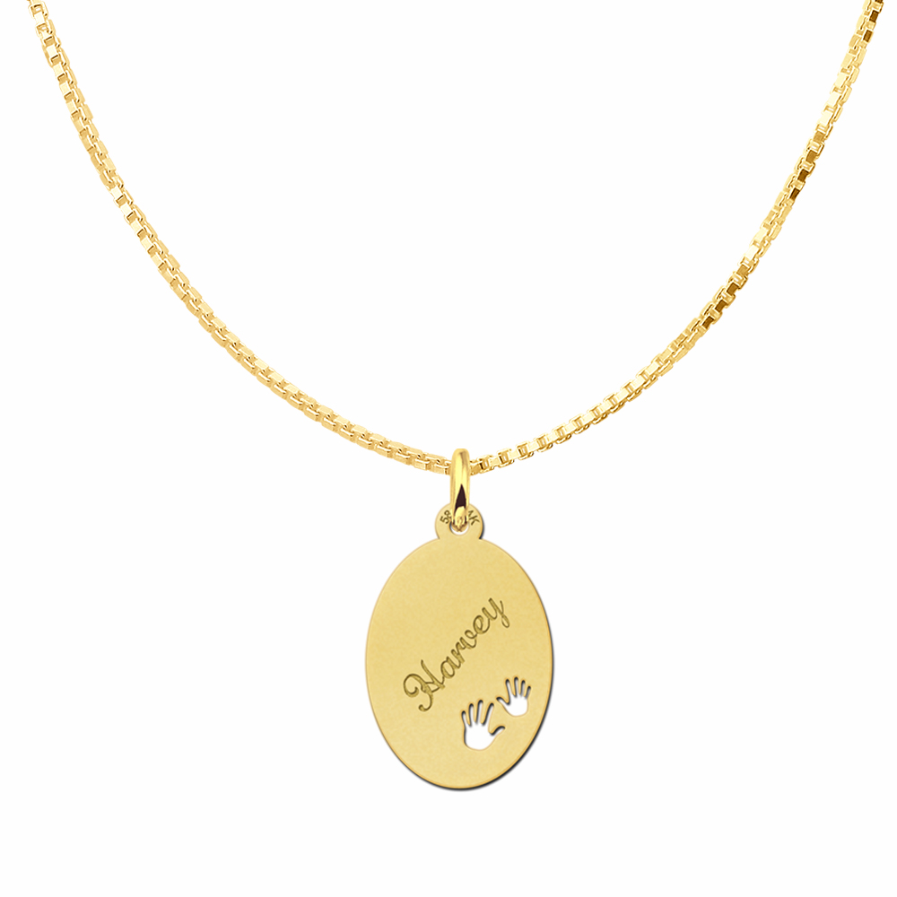 Gold Oval Pendant with Name and Hands