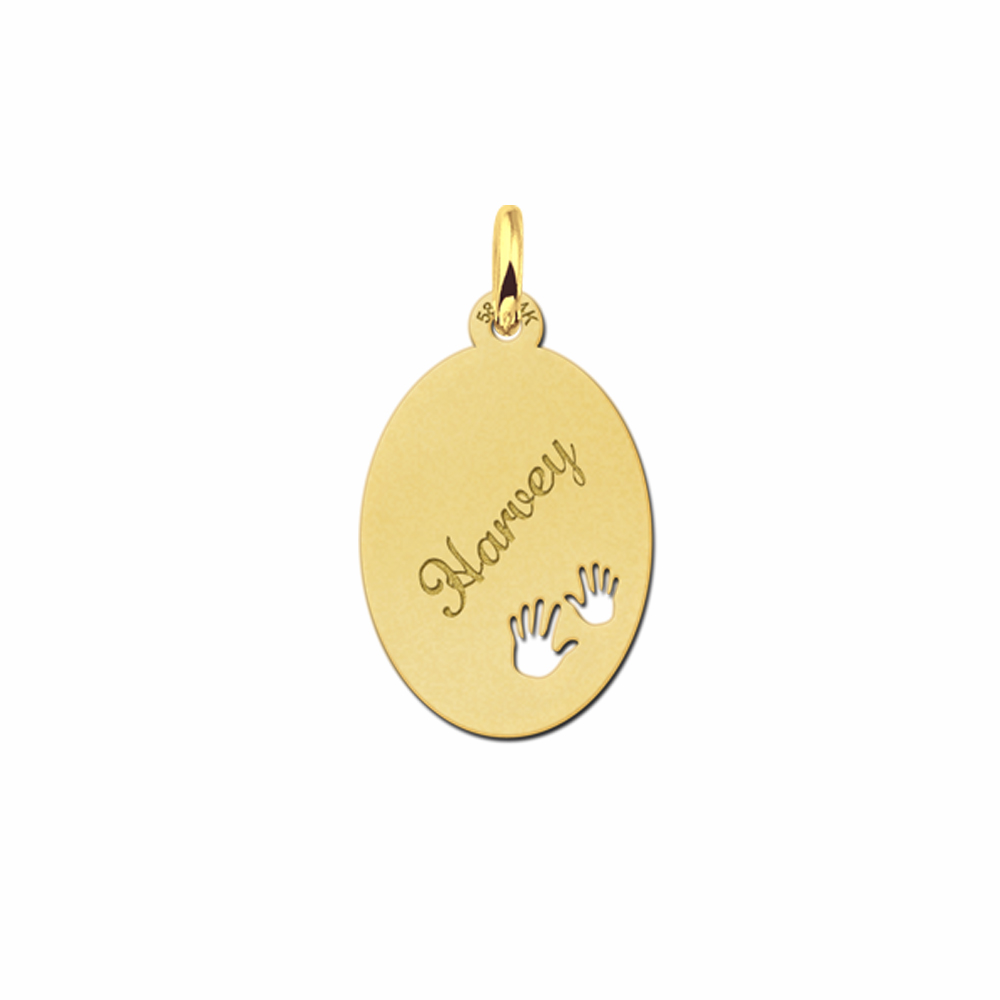 Gold Oval Pendant with Name and Hands