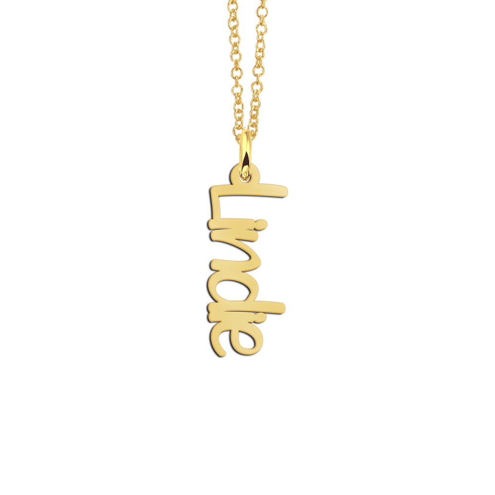 Gold vertical name necklace Lindie in modern font