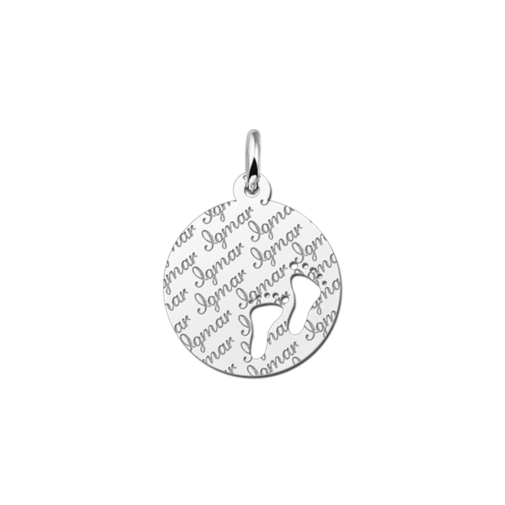 Silver pendant with repeated name and baby feet