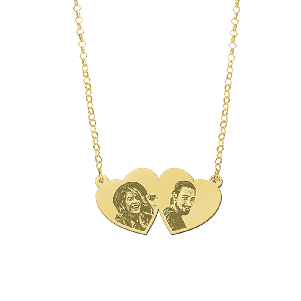 Gold double heart pendant with two photos
