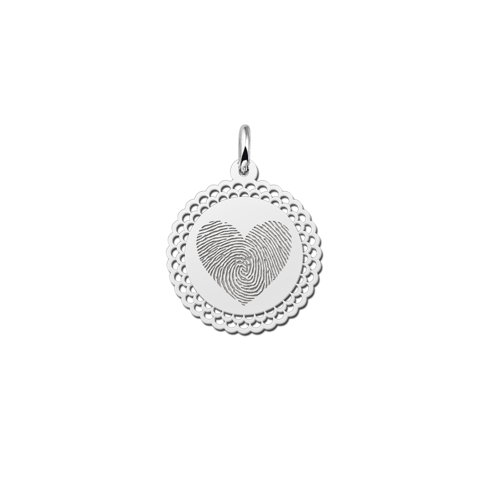 Silver round pendant with fingerprint heart and decorative edge