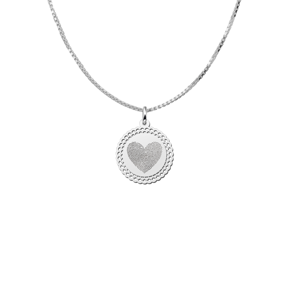 Silver round pendant with fingerprint heart and decorative edge