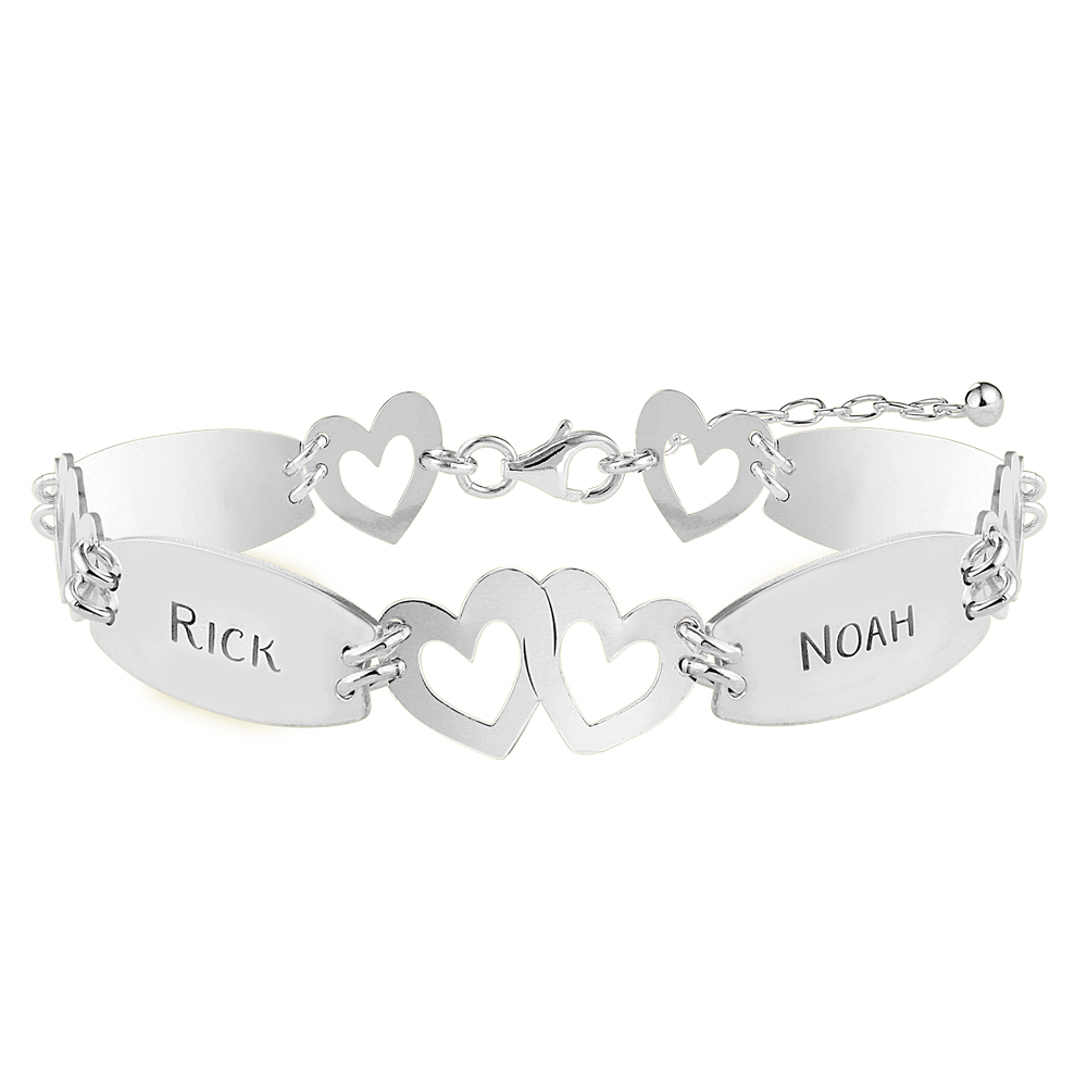 Silver name bracelet with 4 names and hearts