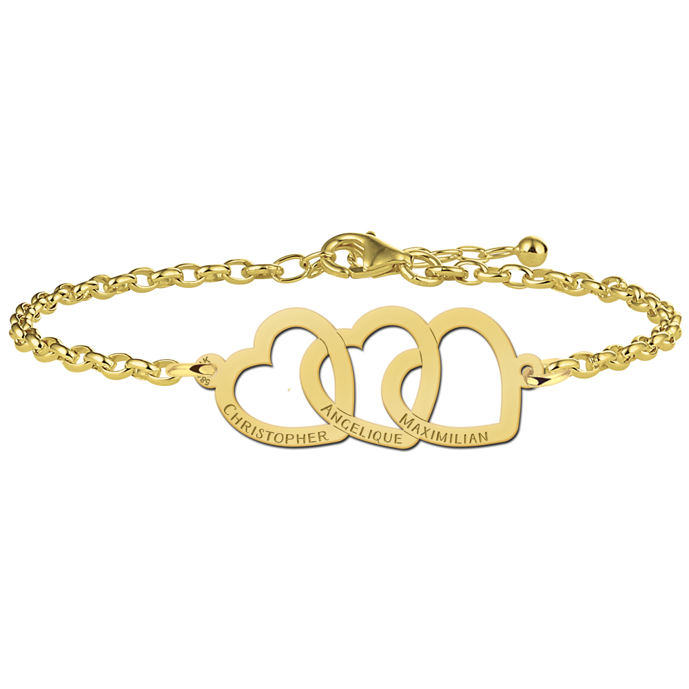 Gold bracelet with three linked hearts and names