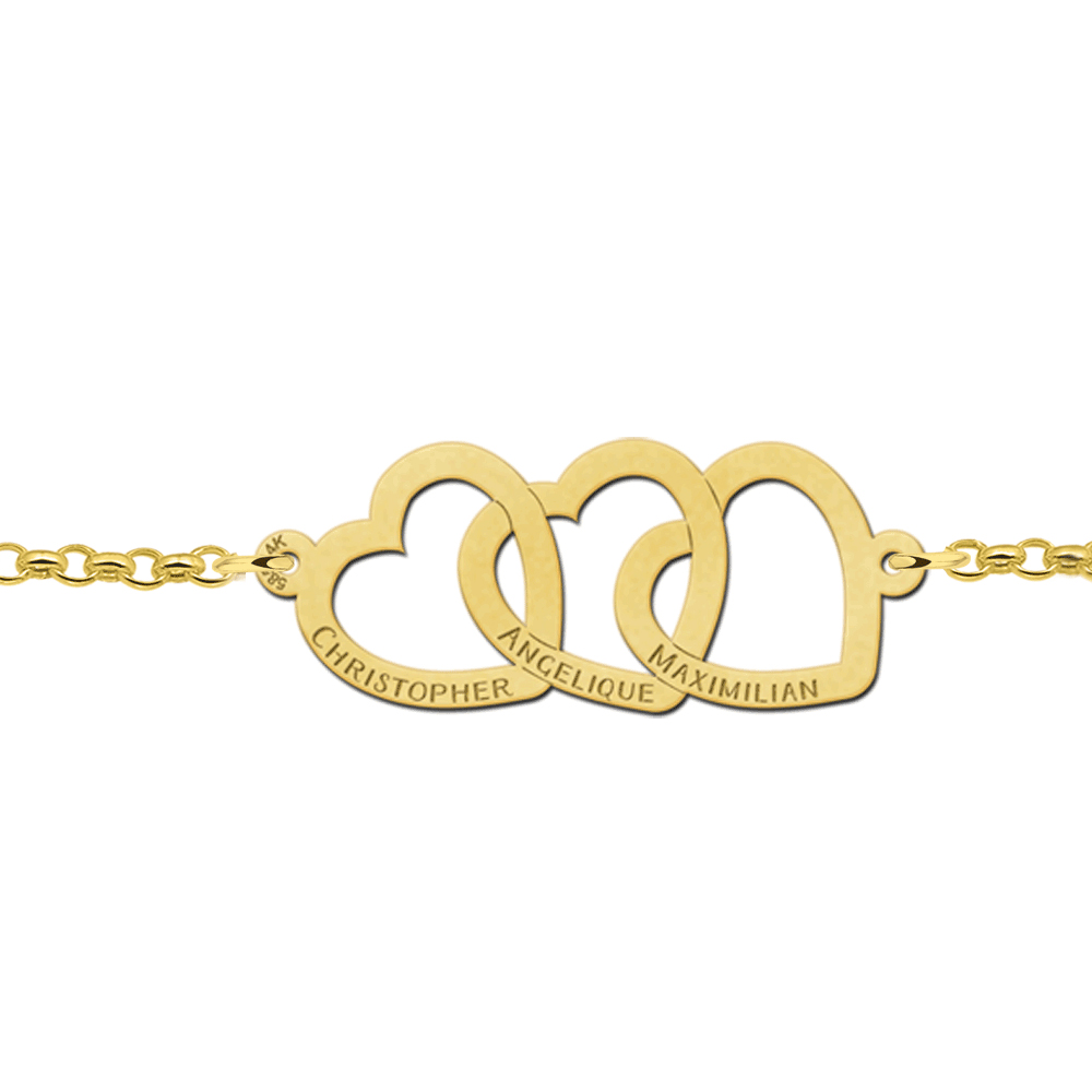 Gold bracelet with three linked hearts and names