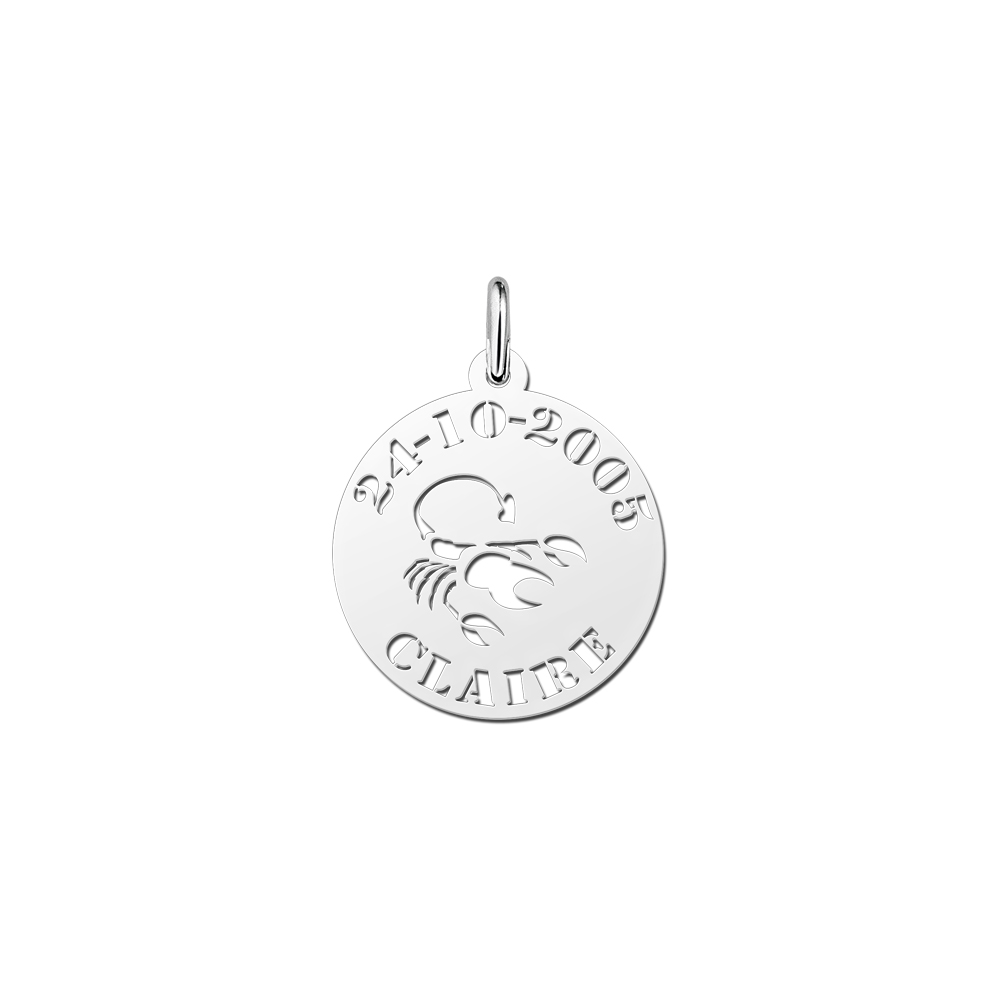 Silver zodiac round namependant Scorpio