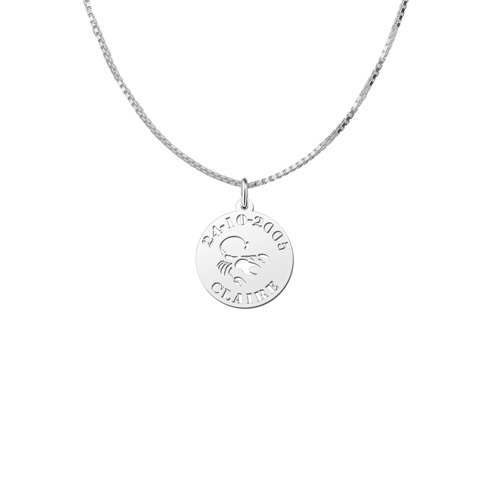 Silver zodiac round namependant Scorpio