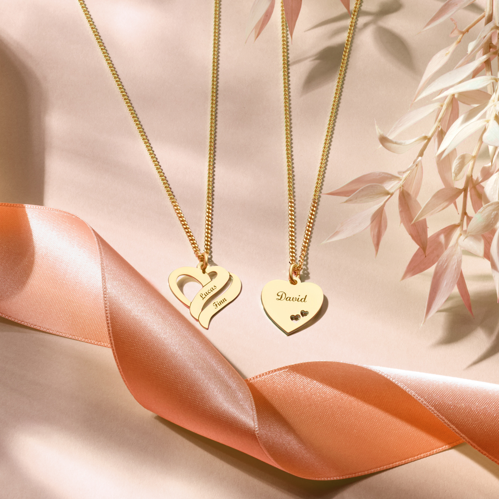 Gold Heart Engraved Necklace With 2 Hearts